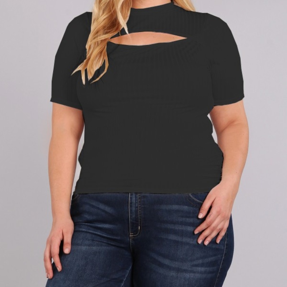 Ribbed Black Short Sleeve Top Front Cutout New